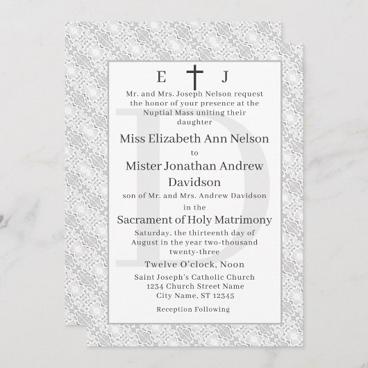 White Lace katholieke monogrammed Wedding Invitati Kaart