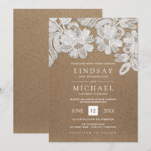 White Lace Kraft Paper Wedding-uitnodigingen Kaart