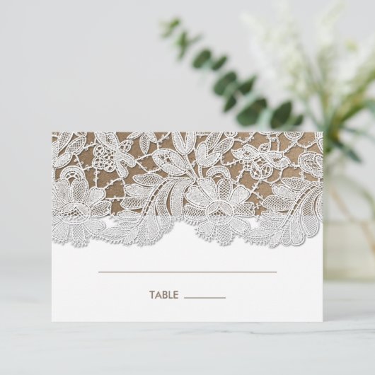 White Lace | Kraft Paper Wedtable Place Cards Kaart (Staand voorkant)