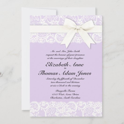 White Lace Lila Paars Wedding Invitation Kaart (Voorkant)