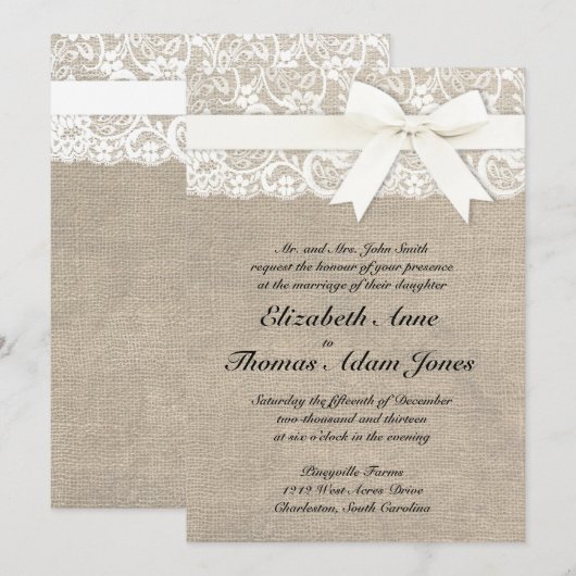 White Lace look Rustic Burlap Wedding Invitation Kaart (Voorkant / Achterkant)