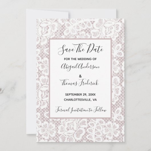 White Lace Mauve Dusty Roos Roze sparen de Datum Save The Date (Voorkant)