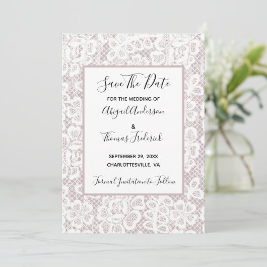 White Lace Mauve Dusty Roos Roze sparen de Datum Save The Date (Staand voorkant)