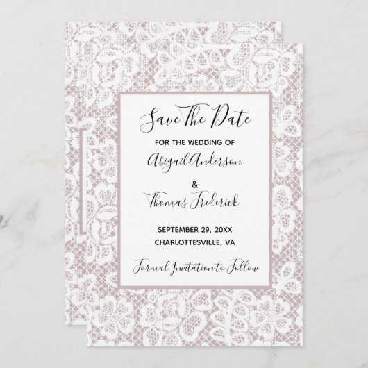 White Lace Mauve Dusty Roos Roze sparen de Datum Save The Date (Voorkant / Achterkant)