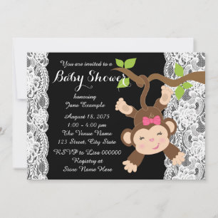 White Lace Monkey Baby Girl Shower Kaart