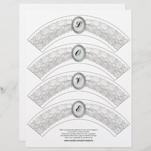 White Lace Monogram Cupcake Wrapper (Voorkant / Achterkant)