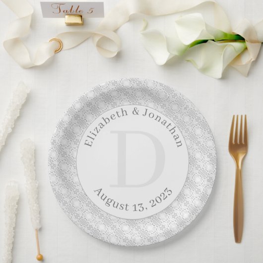 White Lace Monogrammed Papieren Bordje (Huwelijk)