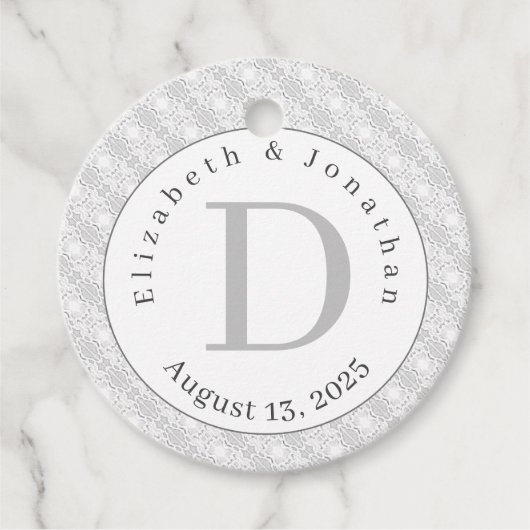 White Lace Monogrammed Wedding Bedankjes Labels (Voorkant)