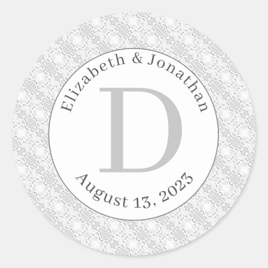 White Lace Monogrammed Wedding Ronde Sticker (Voorkant)