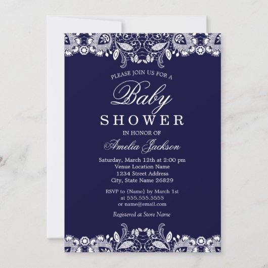 White Lace Navy Boy Baby shower Uitnodiging (Voorkant)