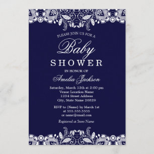White Lace Navy Boy Baby shower Uitnodiging