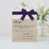 White Lace NavyRibbon and Burlap Wedding RSVP Card (Staand voorkant)