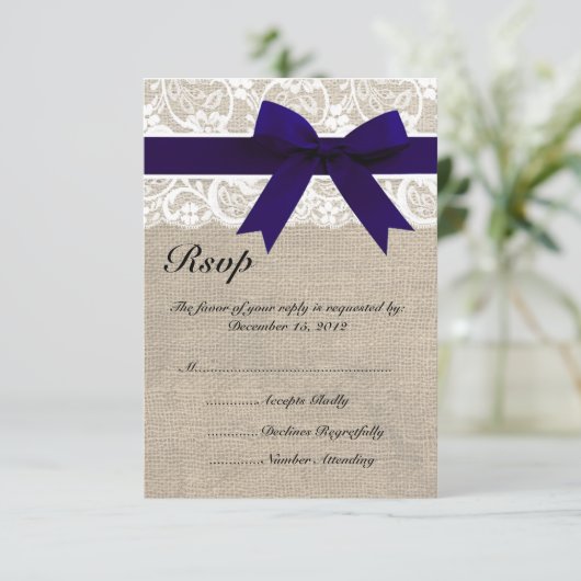 White Lace NavyRibbon and Burlap Wedding RSVP Card (Staand voorkant)