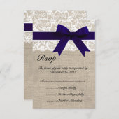 White Lace NavyRibbon and Burlap Wedding RSVP Card (Voorkant / Achterkant)