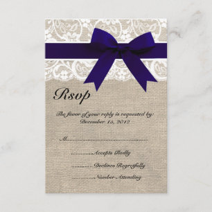 White Lace NavyRibbon and Burlap Wedding RSVP Card Kaartje