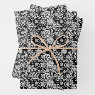 White Lace on Black Background Pattern Inpakpapier Vel