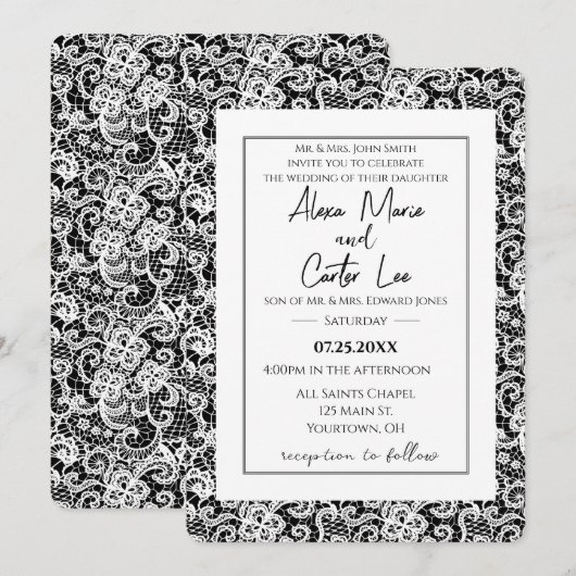 White Lace on Black Wedding Invite Kaart (Voorkant / Achterkant)