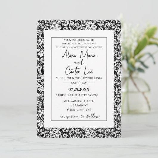 White Lace on Black Wedding Invite Kaart (Staand voorkant)