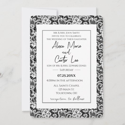 White Lace on Black Wedding Invite Kaart (Voorkant)