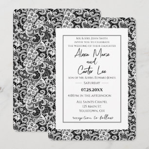 White Lace on Black Wedding Invite Kaart