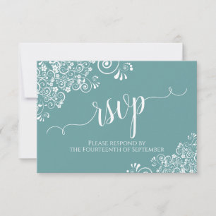 White Lace on Blauwgroen Elegant Calligraphy Weddi RSVP Kaartje