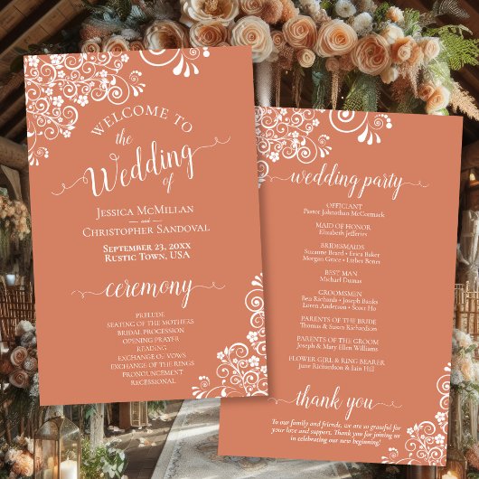 White Lace on Coral Oranje Budget Wedding Programm
