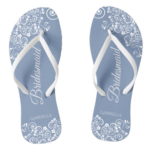 White Lace on Dusty Blue Bridesmaid Wedding Teenslippers (Voetbed)