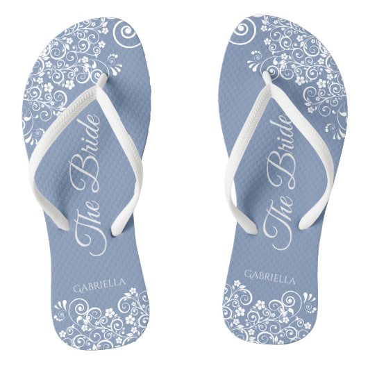 White Lace on Dusty Blue Elegant Bride's Wedding Teenslippers (Voetbed)