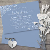 White Lace on Dusty Blue Elegant Vrijgezellenfeest Kaart