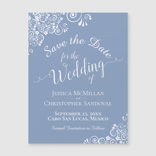 White Lace on Dusty Blue Save the Date Magnet (Voorkant)
