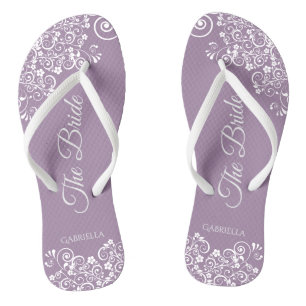 White Lace on Dusty Paars The Bride Wedding Teenslippers