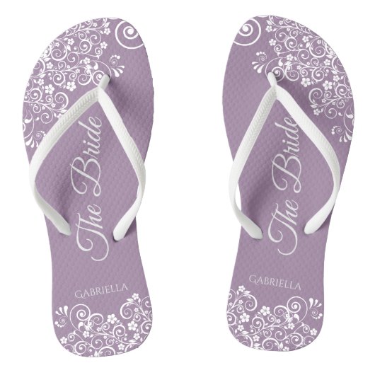 White Lace on Dusty Paars The Bride Wedding Teenslippers (Voetbed)
