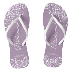 White Lace on Dusty Paarse Bridesmaid Wedding Teenslippers