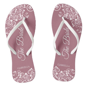 White Lace on Dusty Roos Elegant Bride's Wedding Teenslippers