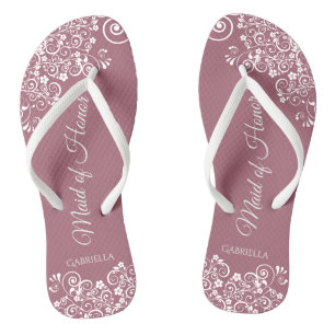 White Lace on Dusty Roos Maid of Honor Wedding Teenslippers