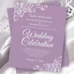 White Lace on Lavender BUDGET Wedding Invitation<br><div class="desc">Deze betaalbare, budgetvriendelijke trouwuitnodigingen zijn de perfecte keuze voor klasse, stijl en schoonheid op een budget. Het ontwerp kenmerkt witte florale frituren in de hoeken op een lavender, lila, of stoffige paarse achtergrond. De typografie omvat het fancy manuscript dat voor een stijl die tegelijkertijd eenvoudig en elegant is wordt geschreven....</div>