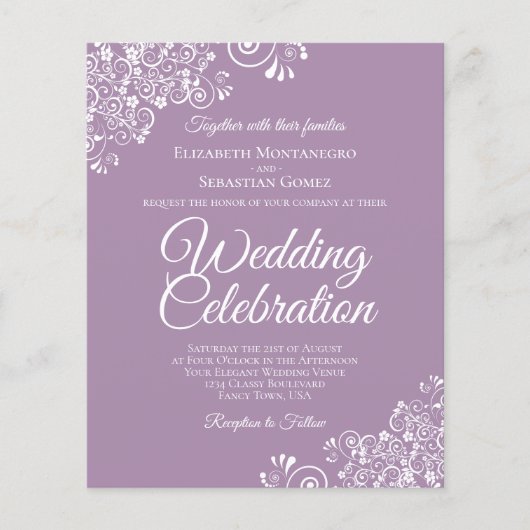 White Lace on Lavender BUDGET Wedding Invitation (Voorkant)