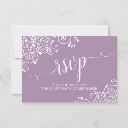 White Lace on Lavender Elegant Calligraphy Wedding RSVP Kaartje (Voorkant)