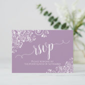 White Lace on Lavender Elegant Calligraphy Wedding RSVP Kaartje (Staand voorkant)