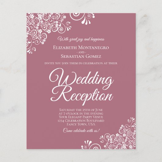 White Lace on Roos BUDGET Wedding Reception Invite (Voorkant)