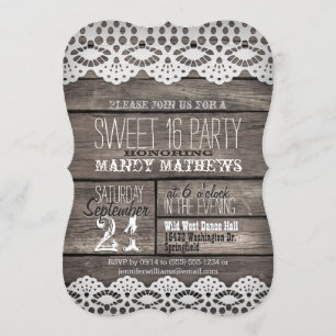 White Lace on Rustic Brown Wood Sweet 16 Party Kaart