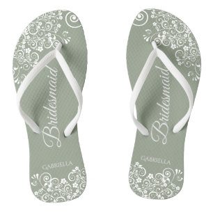 White Lace on Sage Green Bridesmaid Wedding Teenslippers