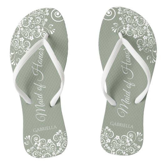 White Lace on Sage Green Maid of Honor Wedding Teenslippers (Voetbed)