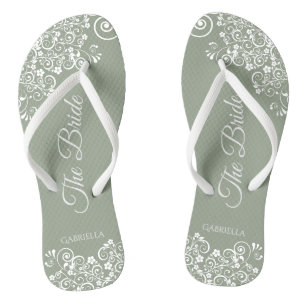 White Lace on Sage Green The Bride Elegant Wedding Teenslippers