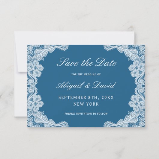 White Lace op Blue Wedding Save The Date (Voorkant)