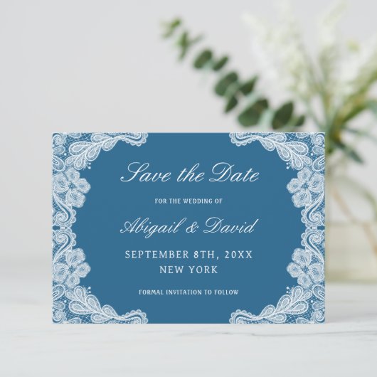 White Lace op Blue Wedding Save The Date (Staand voorkant)