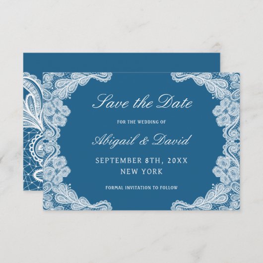 White Lace op Blue Wedding Save The Date (Voorkant / Achterkant)