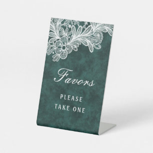 White Lace op Emerald Green Faux Velvet Favors Reclamebord Met Voetstuk