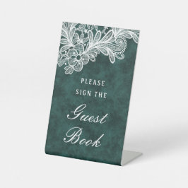 White Lace op Emerald Green Faux Velvet Guest Book Reclamebord Met Voetstuk