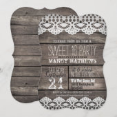 White Lace op Rustic Brown Wood Sweet 16 Party Kaart (Voorkant / Achterkant)